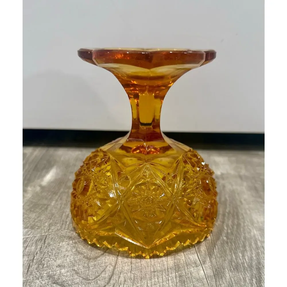 Vintage Kemple Amber Glass Pedestal Candy Dish w/ Glass Inclusion‎ on base